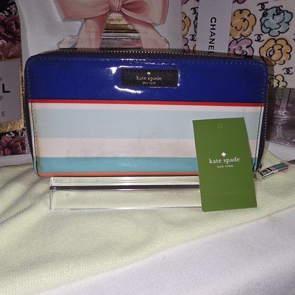kate spade Handbags - kate spade Blue Multi-Color Striped Zip Wallet